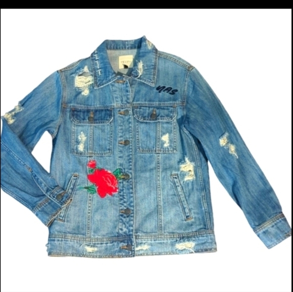 Hidden No Body Asked You embroidered distressed blue denim jeans jacket sz XS - Picture 1 of 12